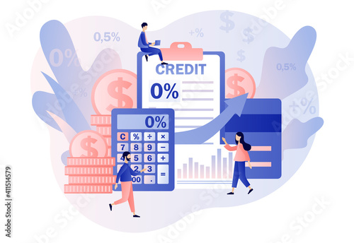 Bank credit concept. Tiny people signing loan agreement. Percent, good interest rate, interest-free. Finance management. Modern flat cartoon style. Vector illustration on white background