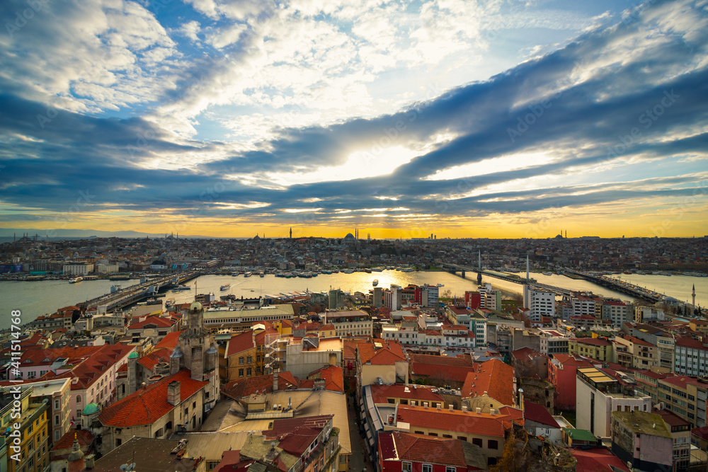 Cityscape of Istanbul at sunset from Galata Tower. Istanbul background photo. Golden Horn and Historical Peninsula of Istanbul. Travel to Istanbul.