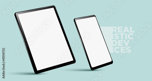 Realistic horizontal black tablet pc pad computers and smartphone mockups vector EPS.