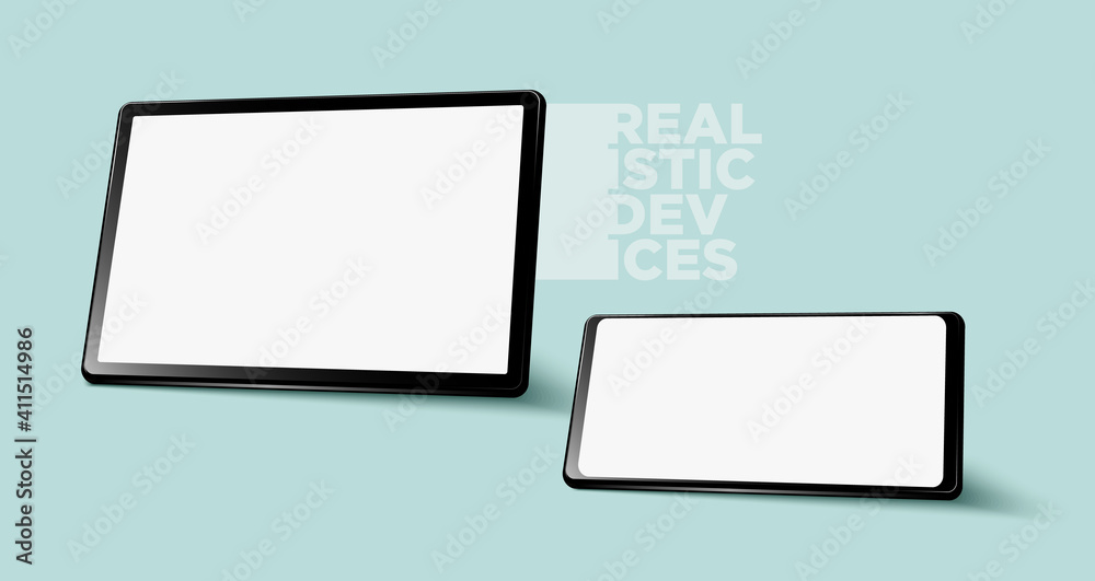 Realistic horizontal black tablet pc pad computers and smartphone mockups vector EPS. Realistic horizontal black tablet pc pad computers and smartphone mockups vector EPS.