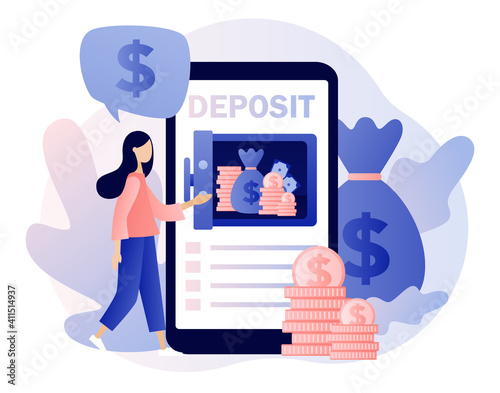 Online Deposit concept. Tiny woman put money in bank safe with dollars. Longterm money saving finance. Bank account, banking, bank security, safety. Modern flat cartoon style. Vector illustration