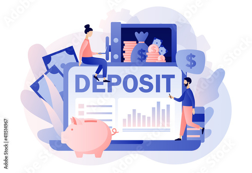 Online Deposit concept. Tiny people put money in bank safe with dollars. Longterm money saving finance. Bank account, banking, bank security, safety. Modern flat cartoon style. Vector illustration
