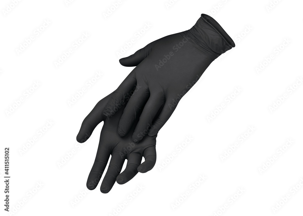 Medical nitrile gloves.Two black surgical gloves isolated on white background with hands. Rubber glove manufacturing, human hand is wearing a latex glove. Doctor or nurse putting on protective gloves