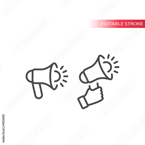 Megaphone or loudspeaker line vector icon. Hand holding bullhorn or blow horn outline symbol, editable stroke.