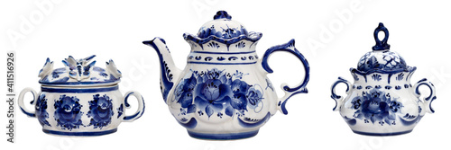 Porcelain tea service decorated with an ornament in the traditional Russian style Gzhel photo
