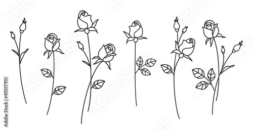 Set of decorative fresh blossoming rose silhouette with leaves isolated on white background. Hand drawn outline flower icon. Vector stock illustration 