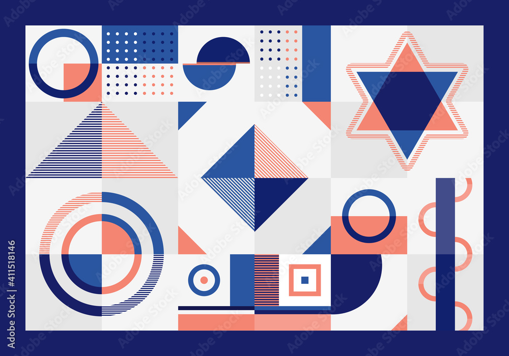 Abstract blue and orange geometric pattern rectangles, triangle, squares and circles shape design on white background. Abstract blue and orange geometric pattern rectangles, triangle, squares and circles shape design on white background.