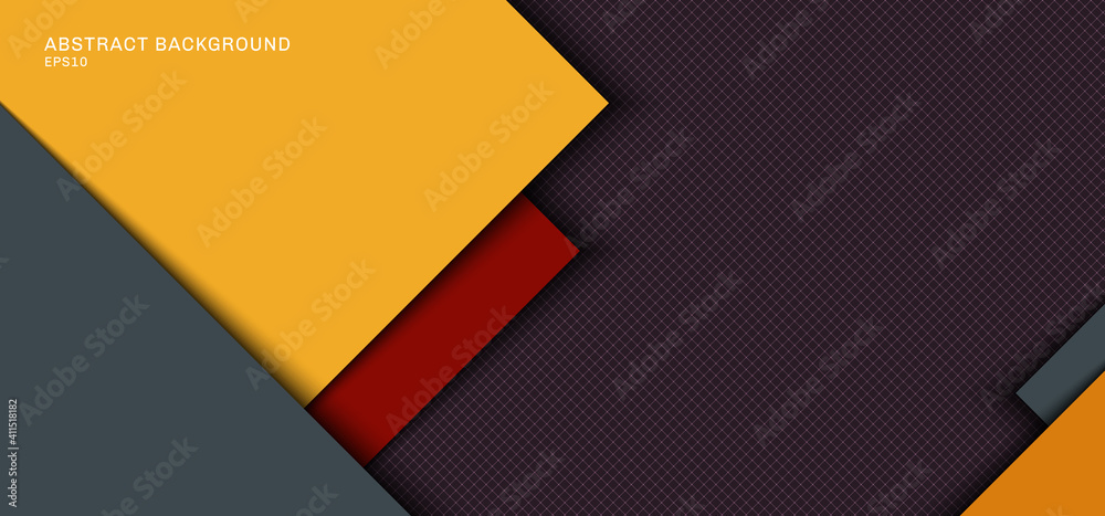Banner web template design yellow, gray square overlapping layer with red stripes with shadow on grid background.