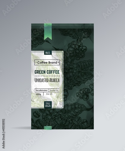 Coffee packaging mockup with hand drawn sketch design of label with coffee branches and beans. Vector template of packaging design