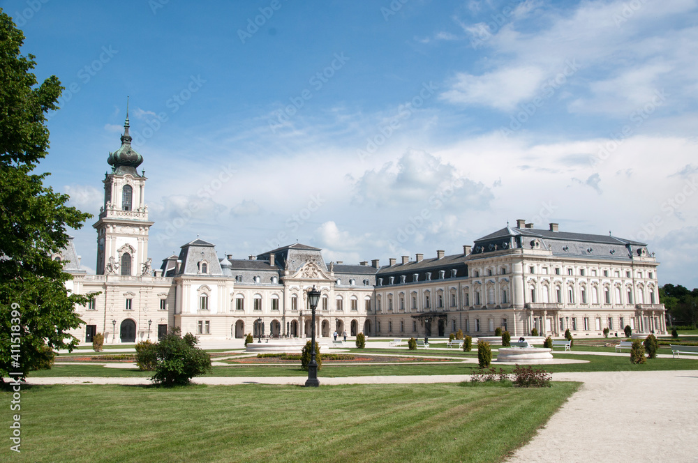 View of the Festetics Palace and the park in front of the palace. A bright sunny day. Hungary.