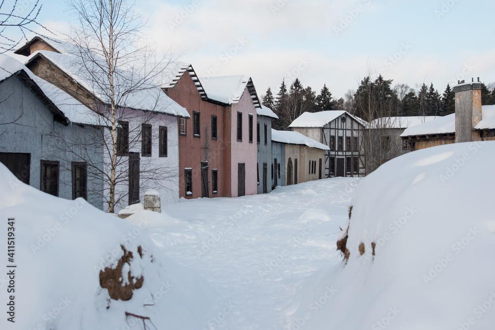 an old abandoned town. Old ruined houses winter snow covered nature winter an old abandoned town. Old ruined houses winter snow covered nature winter