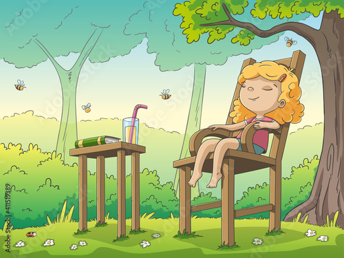 Girl relaxed in the garden. Hand drawn vector illustration with separate layers.