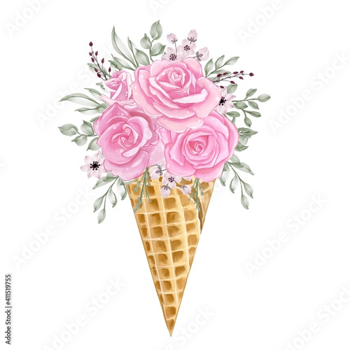 ice cone with watercolor flower rose pink illustration
