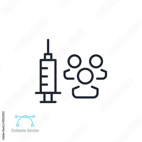 Vaccine and Vaccination of people line icon. Medical Syringe,  immunization, Disease prevention, coronavirus pandemic, covid-19, Editable stroke vector illustration design on white background. EPS 10