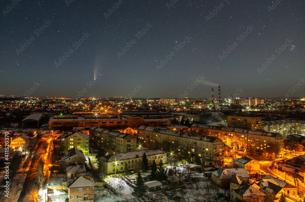 Starry sky over the city of Ivano-Frankivsk in winter