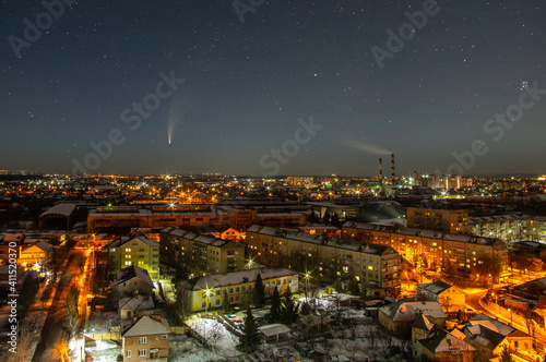 Starry sky over the city of Ivano-Frankivsk in winter