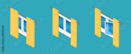 Isometric vector illustration realistic open and closed windows decorated with hanging curtains isolated on blue background. Set of various window treatments vector icons in flat cartoon style.
