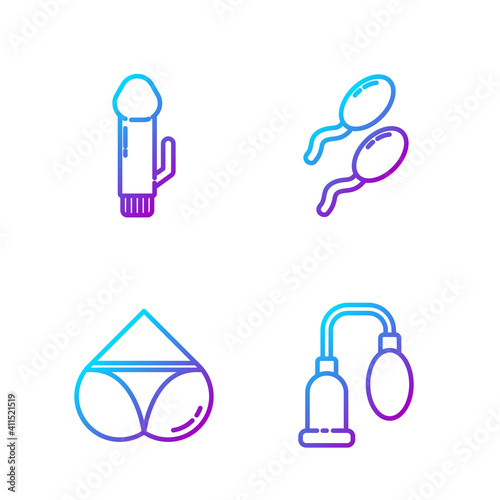 Set line Penis pump, Woman panties, Dildo vibrator and Sperm. Gradient color icons. Vector.