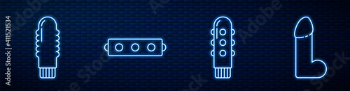 Set line Dildo vibrator, Dildo vibrator, Silicone ball gag with belt and Dildo vibrator. Glowing neon icon on brick wall. Vector.