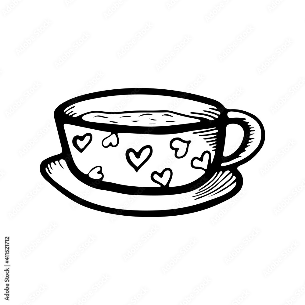 Cup and saucer icon. Black outline linear sketch drawing. Side view. Vector flat graphic hand drawn illustration. The isolated object on a white background. Isolate. Cup and saucer icon. Black outline linear sketch drawing. Side view. Vector flat graphic hand drawn illustration. The isolated object on a white background. Isolate.