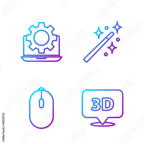 Set line Speech bubble with text 3D, Computer mouse, Laptop and gear and Magic wand. Gradient color icons. Vector.
