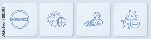 Set line Corona virus covid-19, Positive, Shield protecting from and Negative. White square button. Vector.