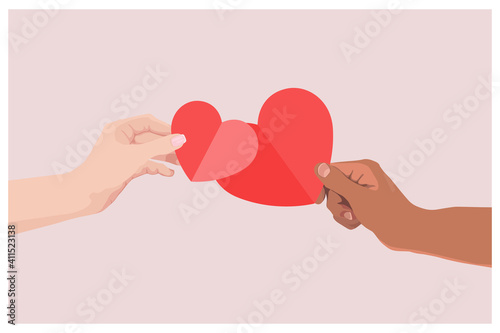 Women's and men's hands give each other hearts. Vector illustration for Valentine's Day.
