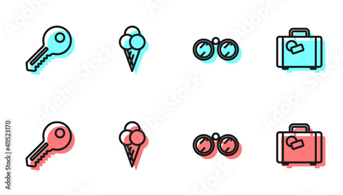 Set line Binoculars, Key, Ice cream waffle cone and Suitcase icon. Vector.