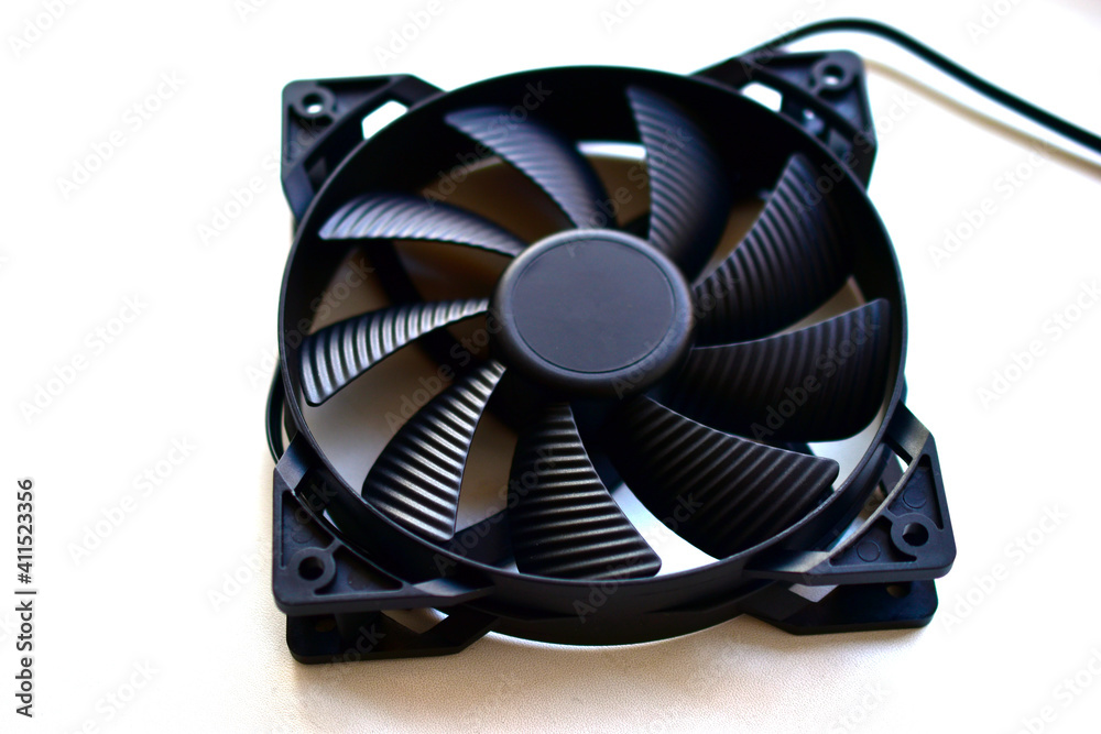 Black computer cooler on a white background close-up
