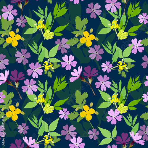 Vector floral seamless pattern. Yellow and purple small flowers with leaves on a dark green background for the design of fabric, knitwear. © Valentina