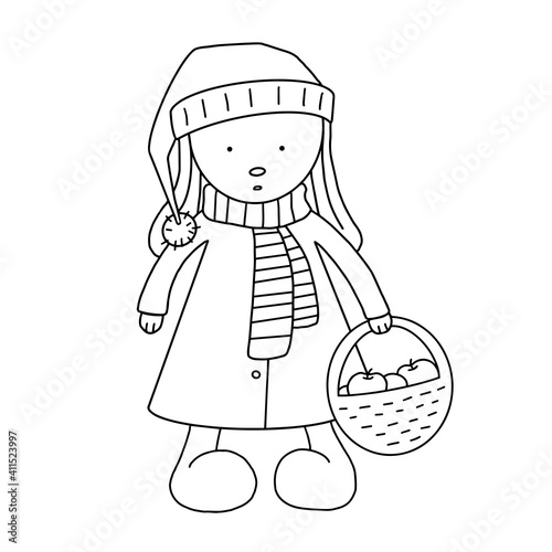 coloring book for children, a cute bunny in a coat with a scarf holds a basket with apples in his hand. line drawing