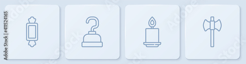 Set line Candy, Burning candle, Pirate hook and Wooden axe. White square button. Vector.