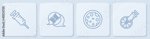 Set line Syringe, Petri dish with bacteria, DNA symbol and Genetically modified orange. White square button. Vector.