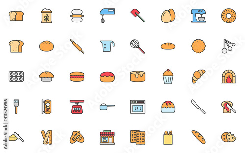 set of bakery thin line icons, baked, bread