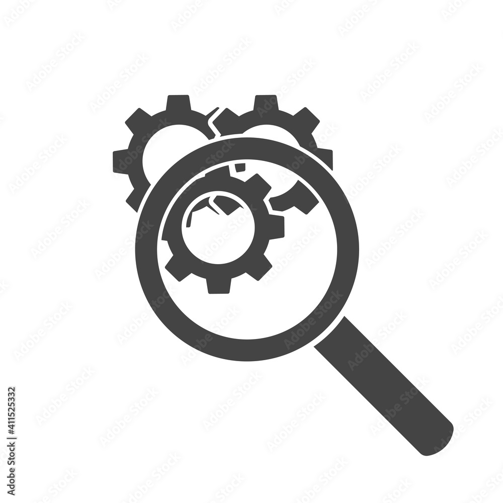Vector gear tool search magnifier icon on white isolated background. Vector gear tool search magnifier icon on white isolated background.