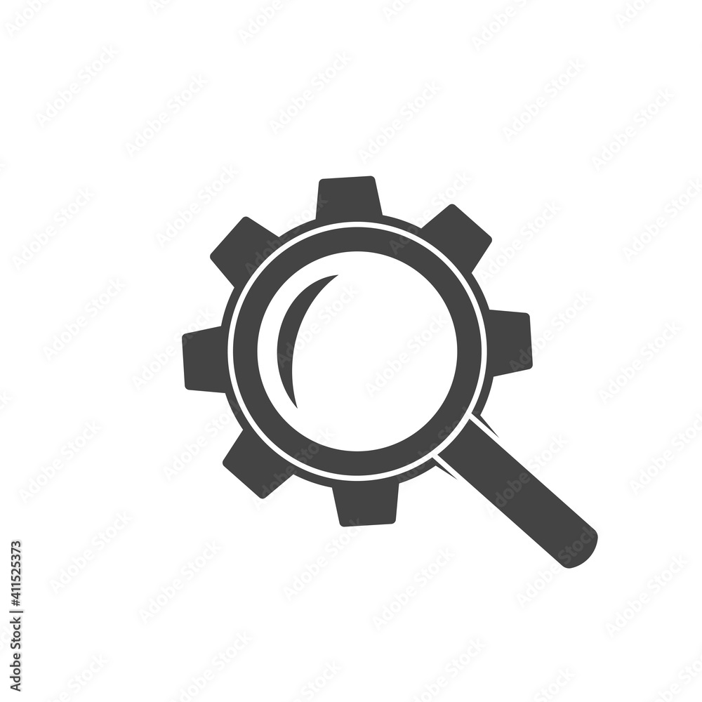 Vector gear tool search magnifier icon on white isolated background. Vector gear tool search magnifier icon on white isolated background.