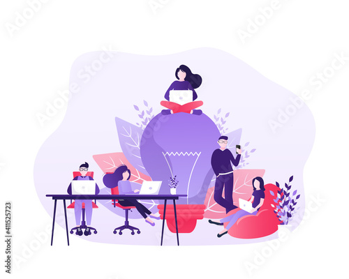 Coworking space illustration. Business people teamwork. Vector flat design. Business people office work. Remote work.