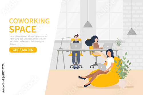 Coworking space illustration. Business people teamwork. Vector flat design. Business people office work. Remote work.