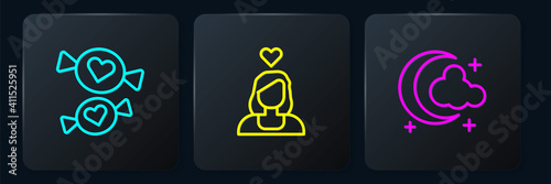 Set line Candy, Moon stars and Couple in love. Black square button. Vector.