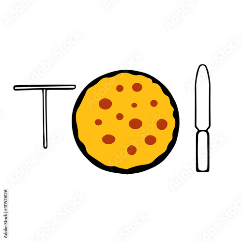 Hand-drawn outline flat vector illustration of a hot yellow pancake on the black pan with a Cooking Tools a Crepe spreader and a spatula set isolated on a white background for breakfast