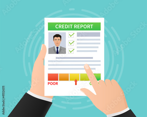 Credit report with hand. Business card. Online concept. Financial chart. Online concept.