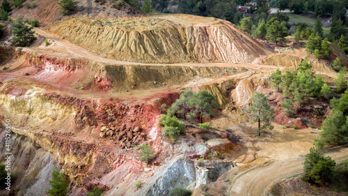 Sulfide deposits in Kokkinopezoula open-pit mine in Mitsero, Cyprus. Aerial view on colorful landscape photo