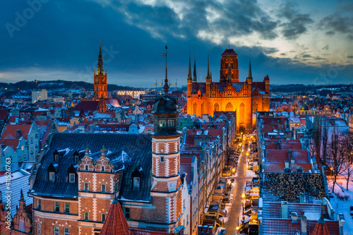 Beautiful old town in Gdansk at winter dusk, Poland