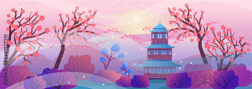 Spring Japanese landscape in cartoon style. Beautiful landscape with cherry blossoms, mountains, pagoda. Vector illustration in a flat style for design, horizontal composition. Asian Temple, Mountains
