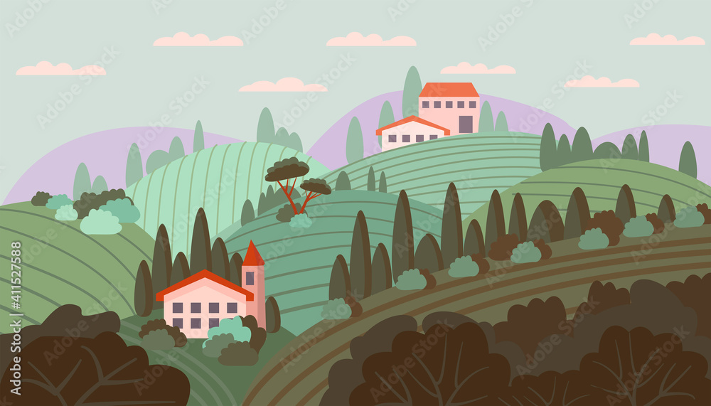 Cute Italian landscape. Vector illustration in flat style. The vineyards of Tuscany are painted in a vintage style. For wine labels, posters, postcards, design and decor. Horizontal composition.