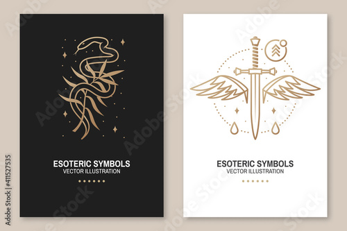 Esoteric symbols, poster, flyer. Vector. Thin line geometric badge. Outline icon for alchemy or sacred geometry. Mystic and magic design with snake, wildflower, dagger and wings