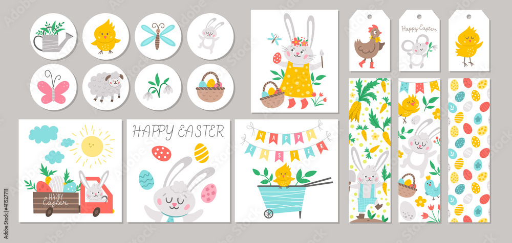 Cute set of Spring sale cards with Bunny, colored eggs, flowers, birds. Vector square, round, horizontal, vertical print templates. Easter holiday designs for tags, postcards, sale, scrapbooking. . Cute set of Spring sale cards with Bunny, colored eggs, flowers, birds. Vector square, round, horizontal, vertical print templates. Easter holiday designs for tags, postcards, sale, scrapbooking. .