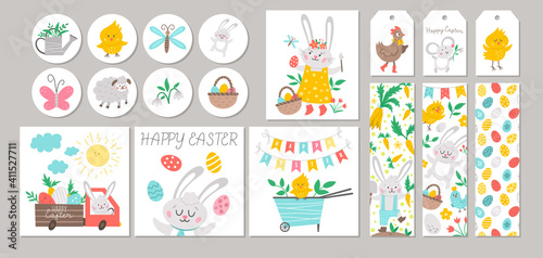 Cute set of Spring sale cards with Bunny, colored eggs, flowers, birds. Vector square, round, horizontal, vertical print templates. Easter holiday designs for tags, postcards, sale, scrapbooking. .