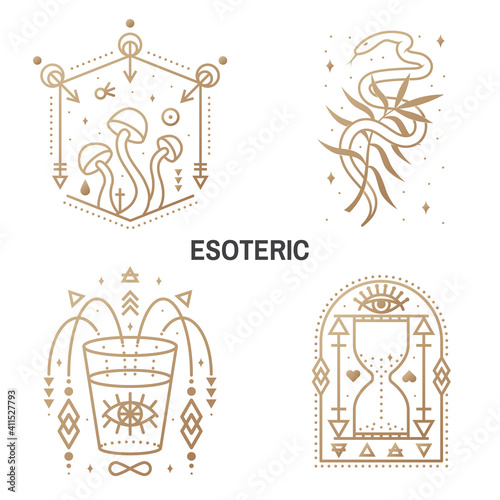 Esoteric symbols. Vector Thin line geometric badge. Outline icon for alchemy or sacred geometry. Mystic and magic design with alchemy symbols, mushrooms, snake, wildflower, hourglass, glass