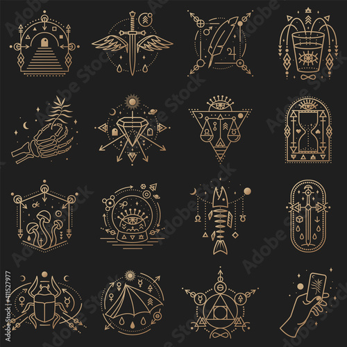Esoteric symbols. Vector Thin line geometric badge. Outline icon for alchemy or sacred geometry. Mystic and magic design with alchemy symbols, mushrooms, snake, wildflower, hourglass, glass